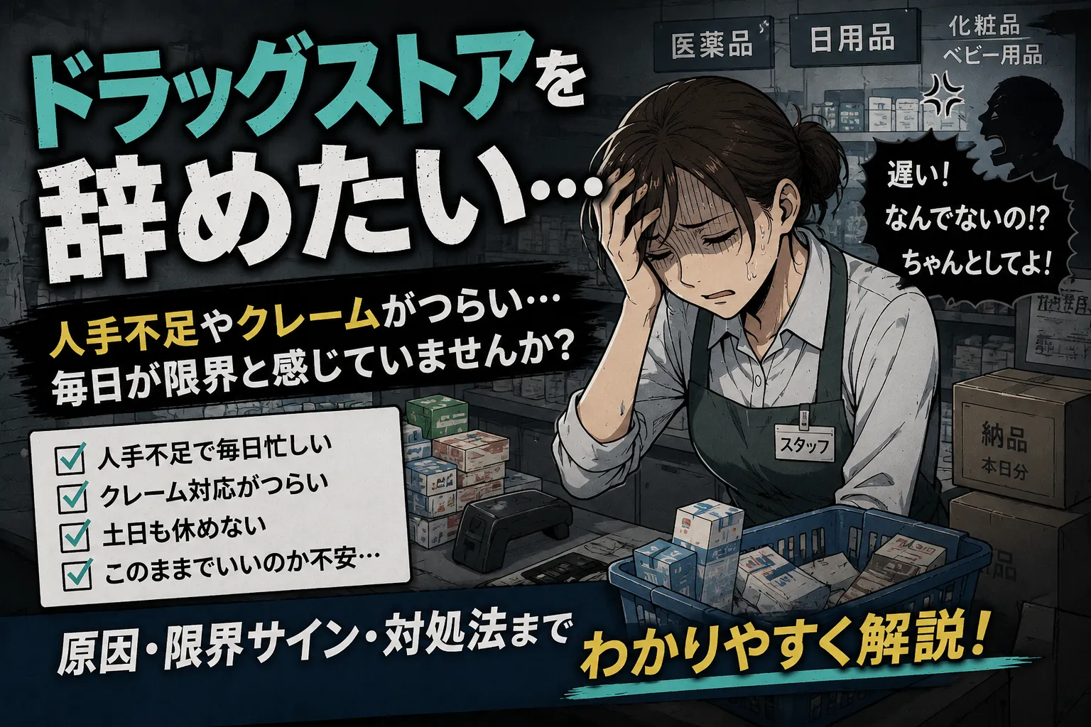 【2026年最新版】ドラッグストアを辞めたい…人手不足やクレームがつらいと感じたときの対処法を解説