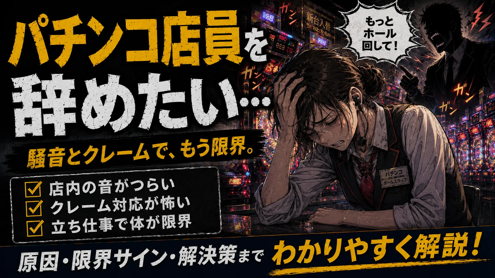 【2026年最新版】パチンコ店員を辞めたい…騒音・クレーム・体力的な限界を感じた人へ|退職方法と転職先まで解説